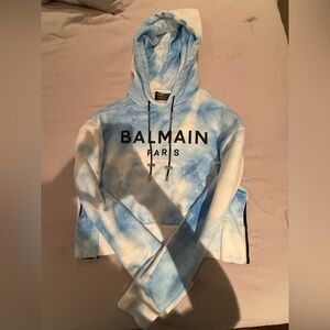 Balmain Cropped Hoodie, Blue Tie Dye, XS